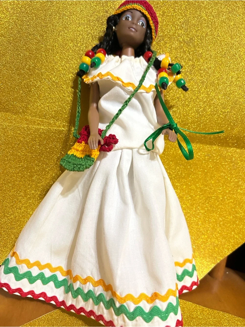 Vintage Handmade Jamaican Cultural Doll in Rastafarian colors. Plus a girls bag